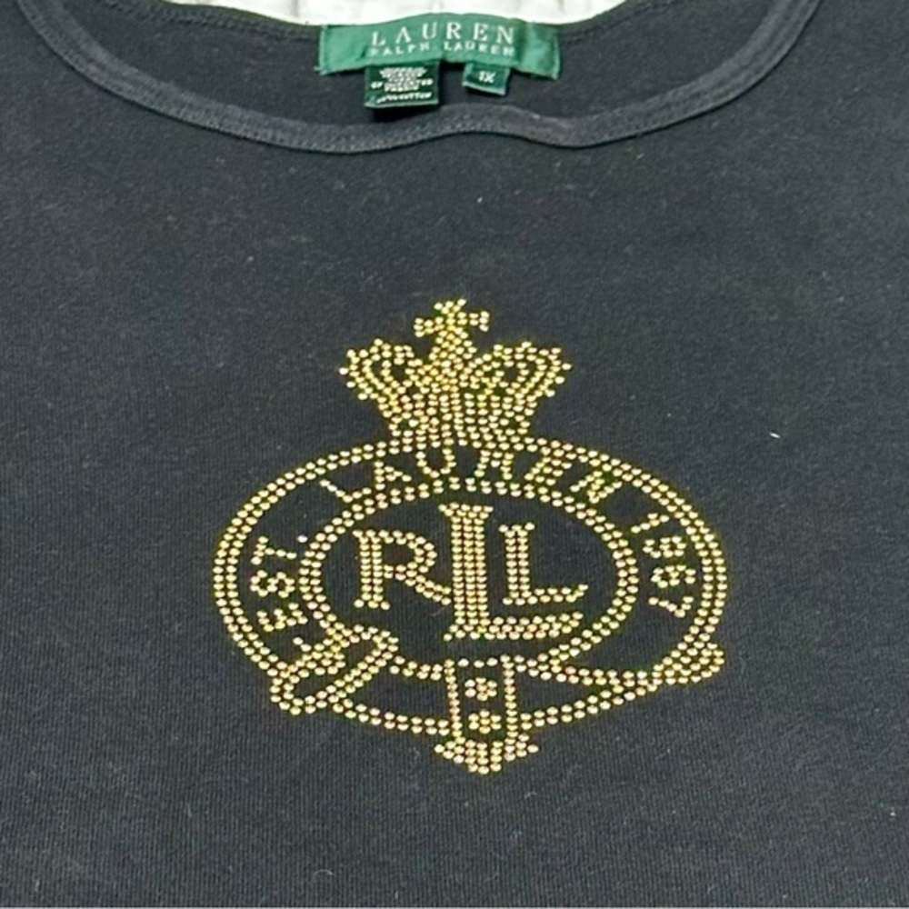 Lauren Ralph Lauren Gold Studded Embellished Black Tee Y2K Sparkly Soft Crown